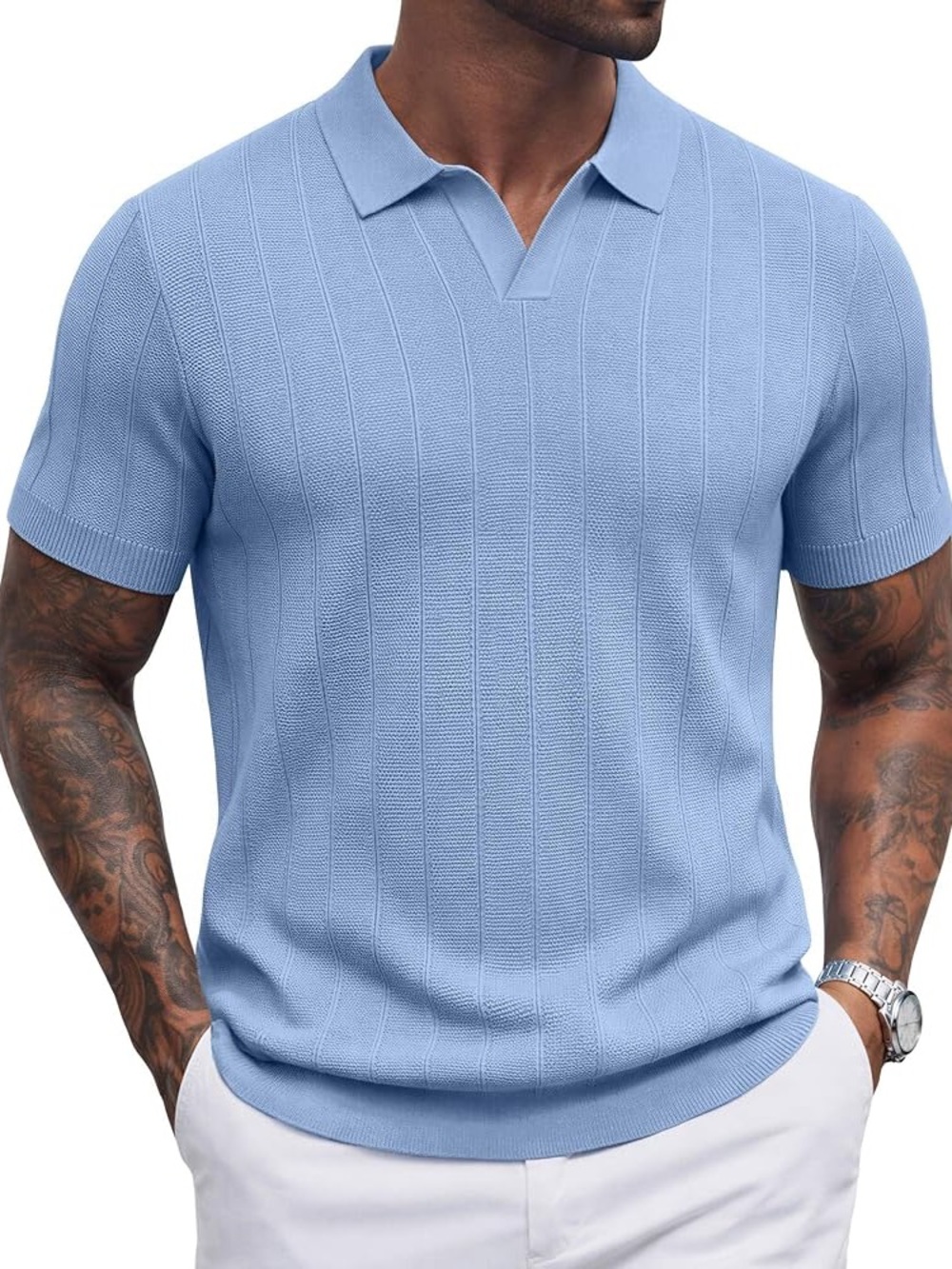 Coofandy Sapphire Blue Men's Heavyweight Knit Polo Shirt, Preppy, Office
